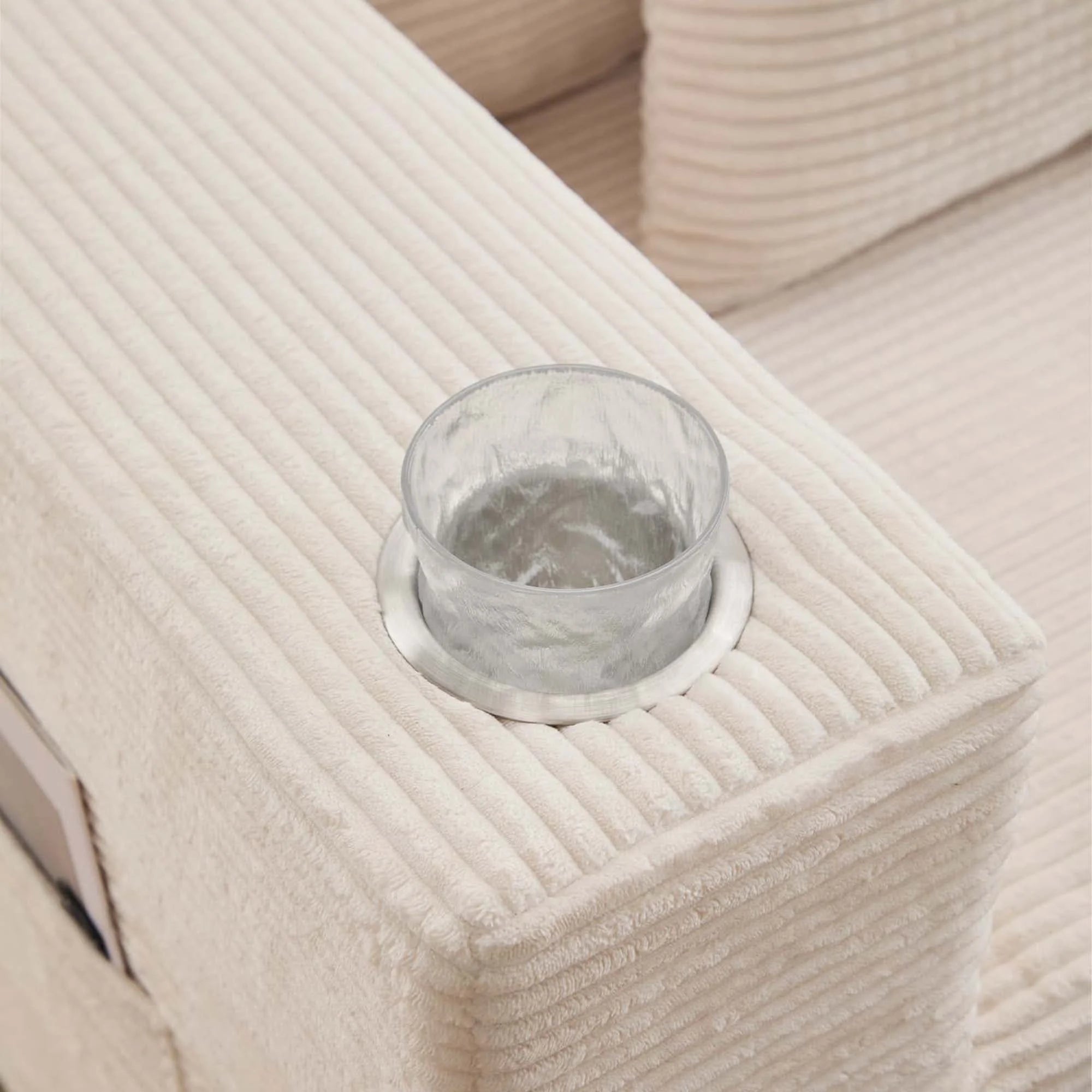 Canapé modulaire Hestia en tissu côtelé blanc, avec porte-gobelet intégré