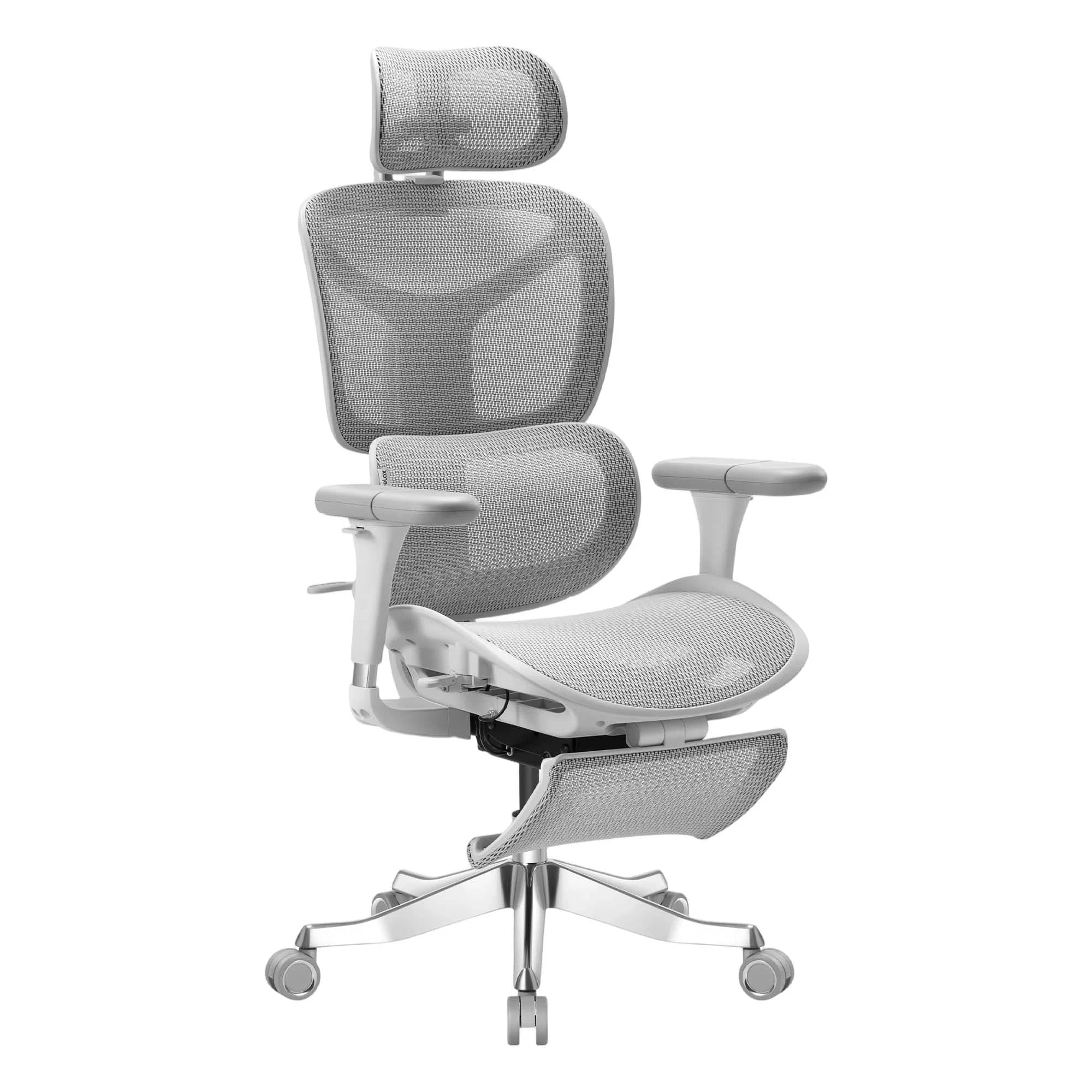 Chaise de bureau ergonomique blanche avec appuie-tête et assise maillée