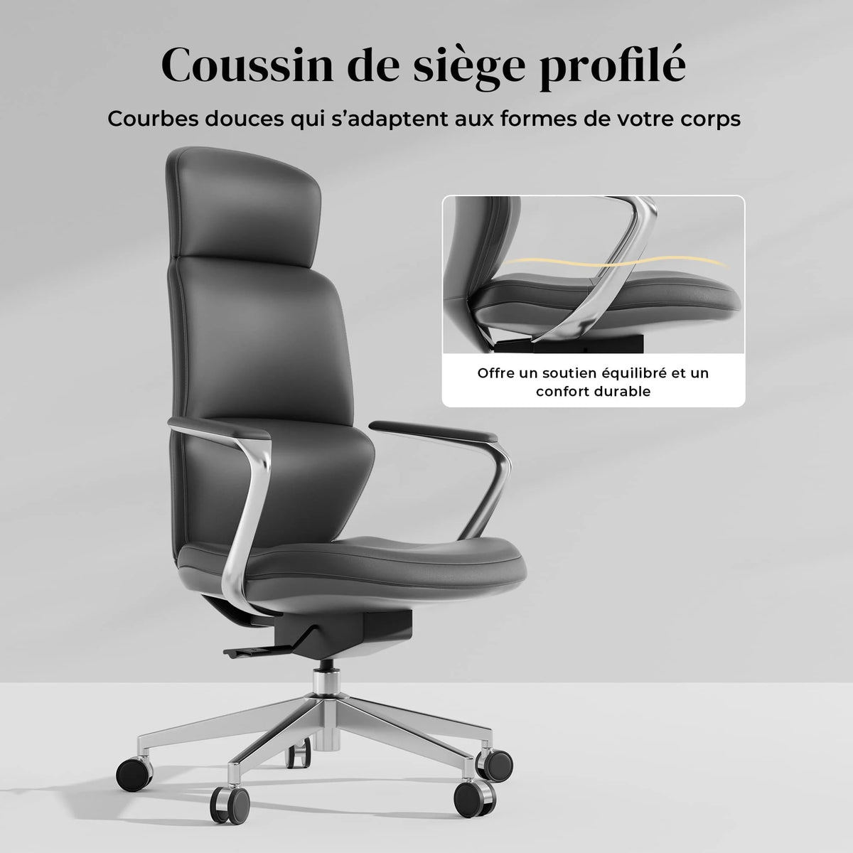 Chaise de bureau noire, coussin profilé, accoudoirs en métal et piètement à roulettes