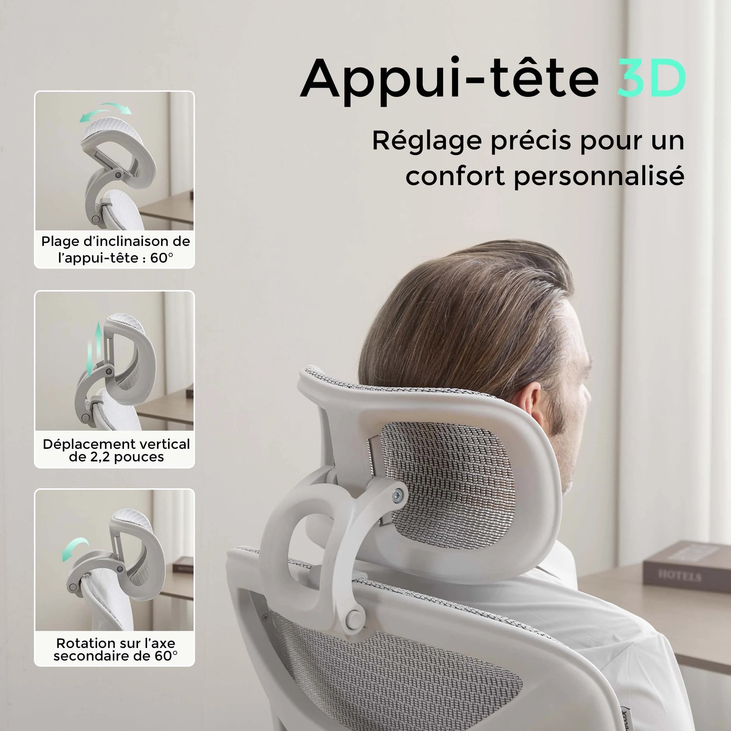 Chaise de bureau ergonomique avec appui-tête, dossier et assise en maille grise