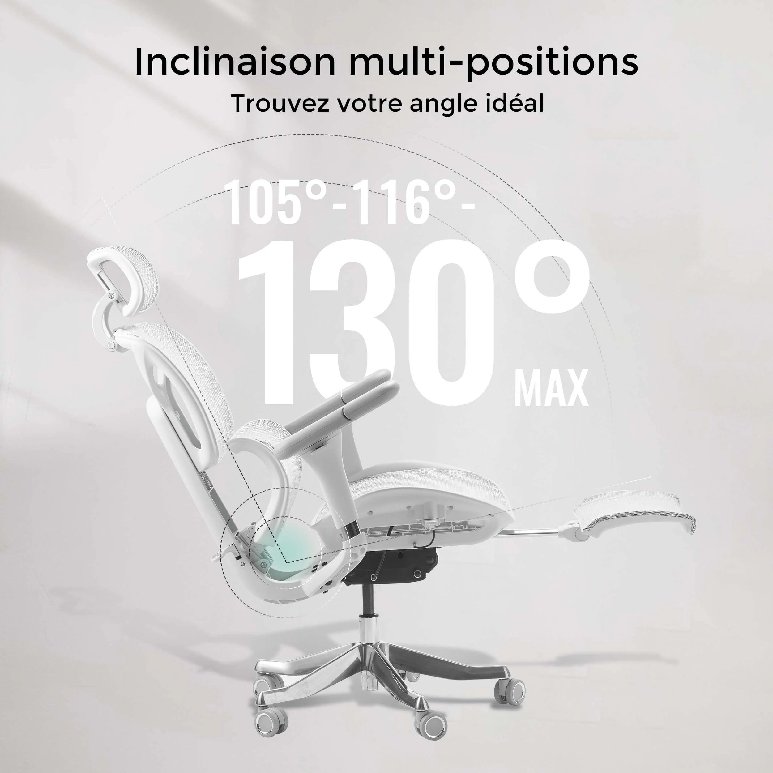 Chaise de bureau ergonomique, inclinaison multi-positions du dossier et du siège