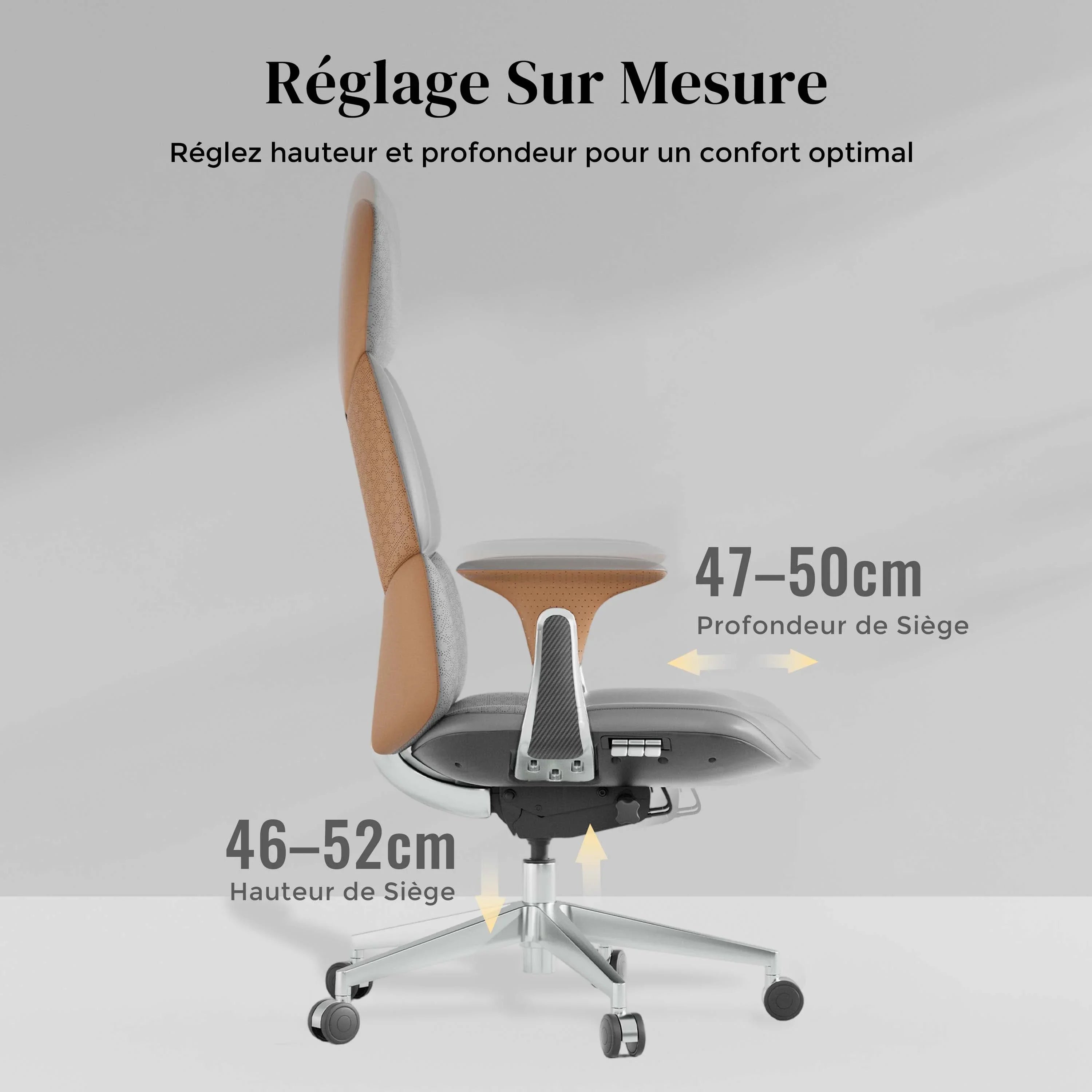 Chaise de bureau réglable, dossier beige, assise rembourrée, hauteur et profondeur.
