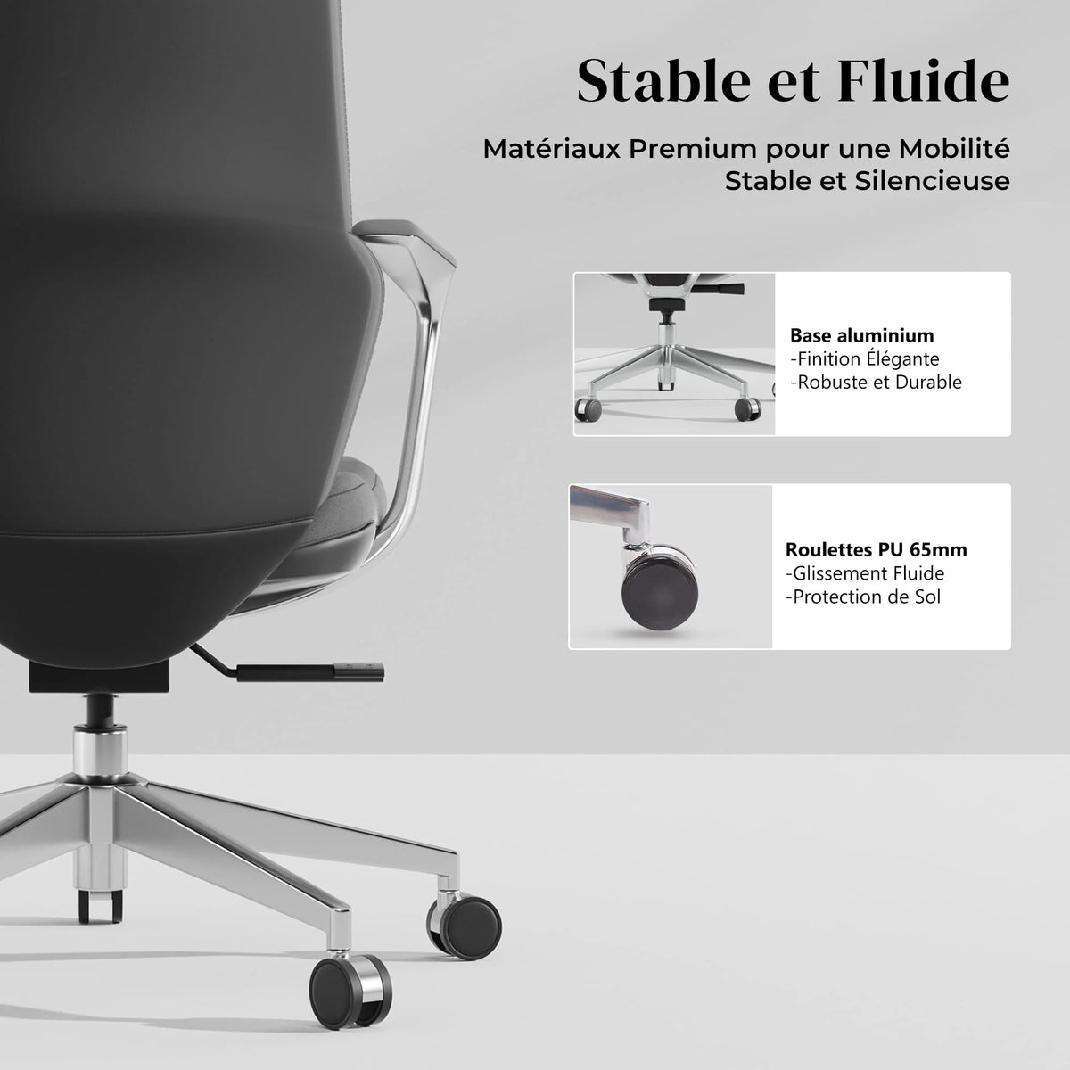 Chaise de bureau sombre, accoudoirs courbés et piètement métallique à roulettes