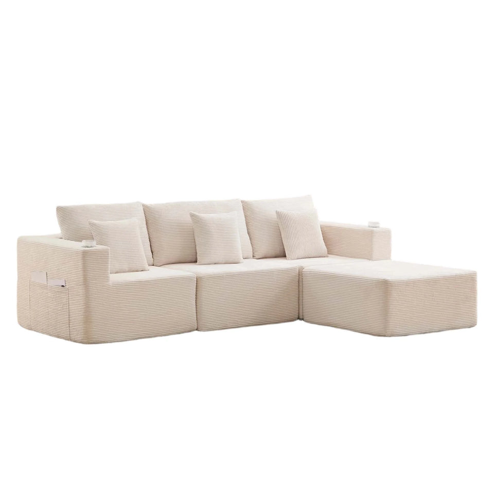 Canapé modulaire côtelé clair en L, coussins d’assise, rangement latéral.