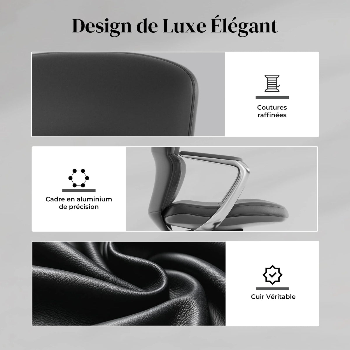Fauteuil en cuir noir, accoudoirs métalliques et texture de cuir détaillée