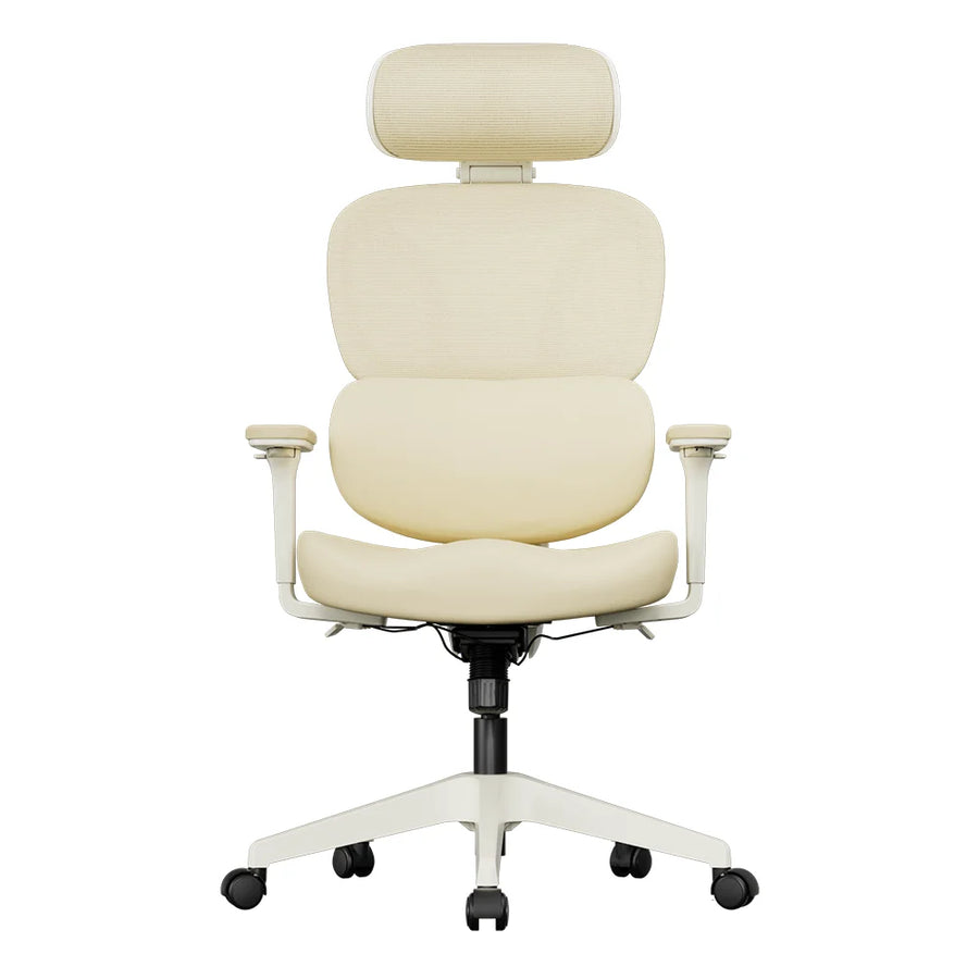 Chaise de bureau beige clair, vue de face, dossier rembourré et base blanche à roulettes