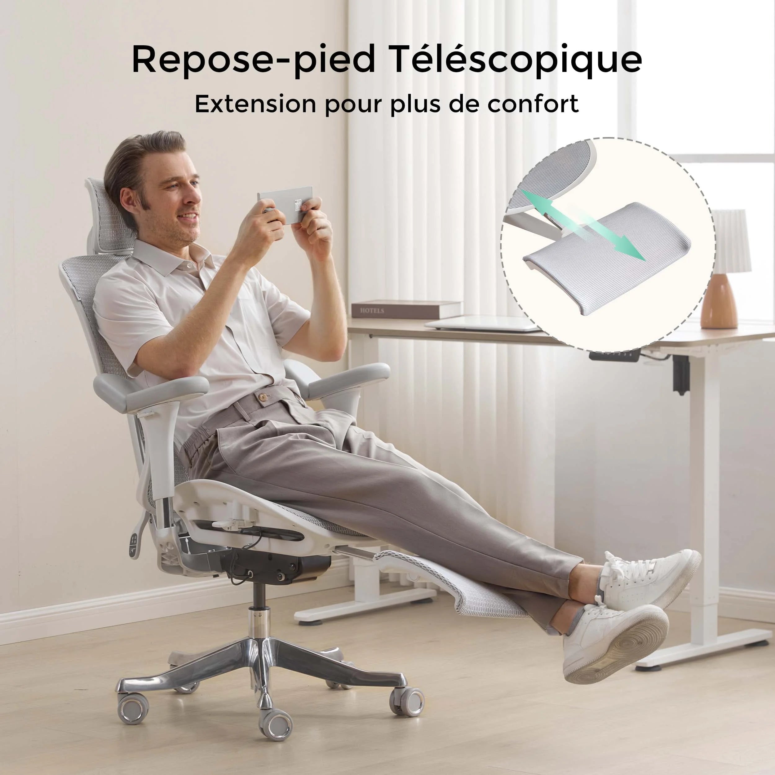 Chaise de bureau ergonomique avec repose-pied télescopique et dossier en maille grise