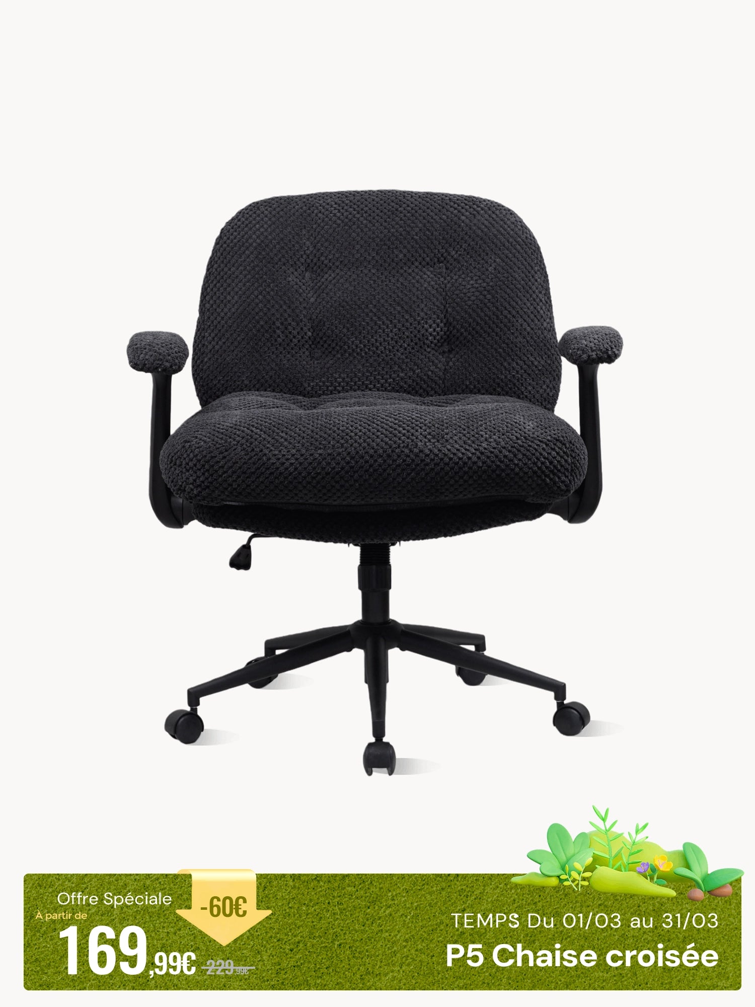 P5 Chaise croisée avec assise extra-large et accoudoirs relevables