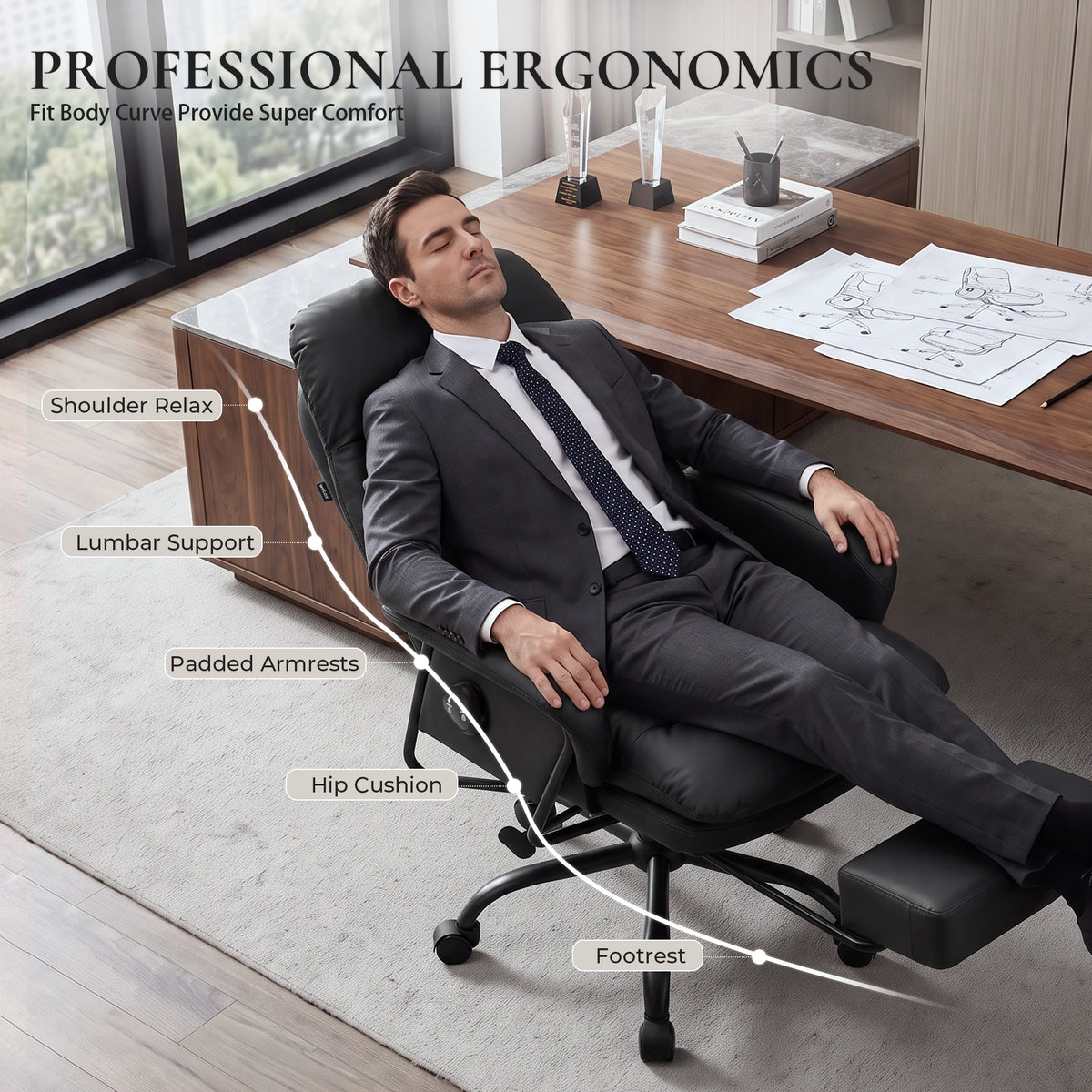 Fauteuil de bureau ergonomique en cuir noir avec appuie-bras rembourrés et appui lombaire