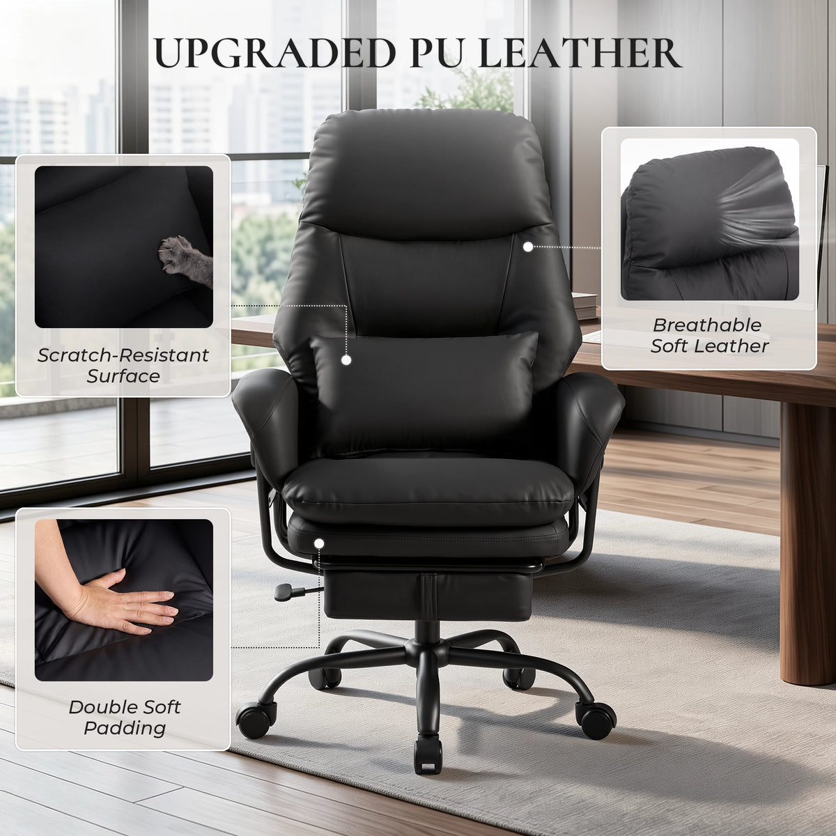 Fauteuil de bureau en cuir noir texturé, assise rembourrée et dossier capitonné
