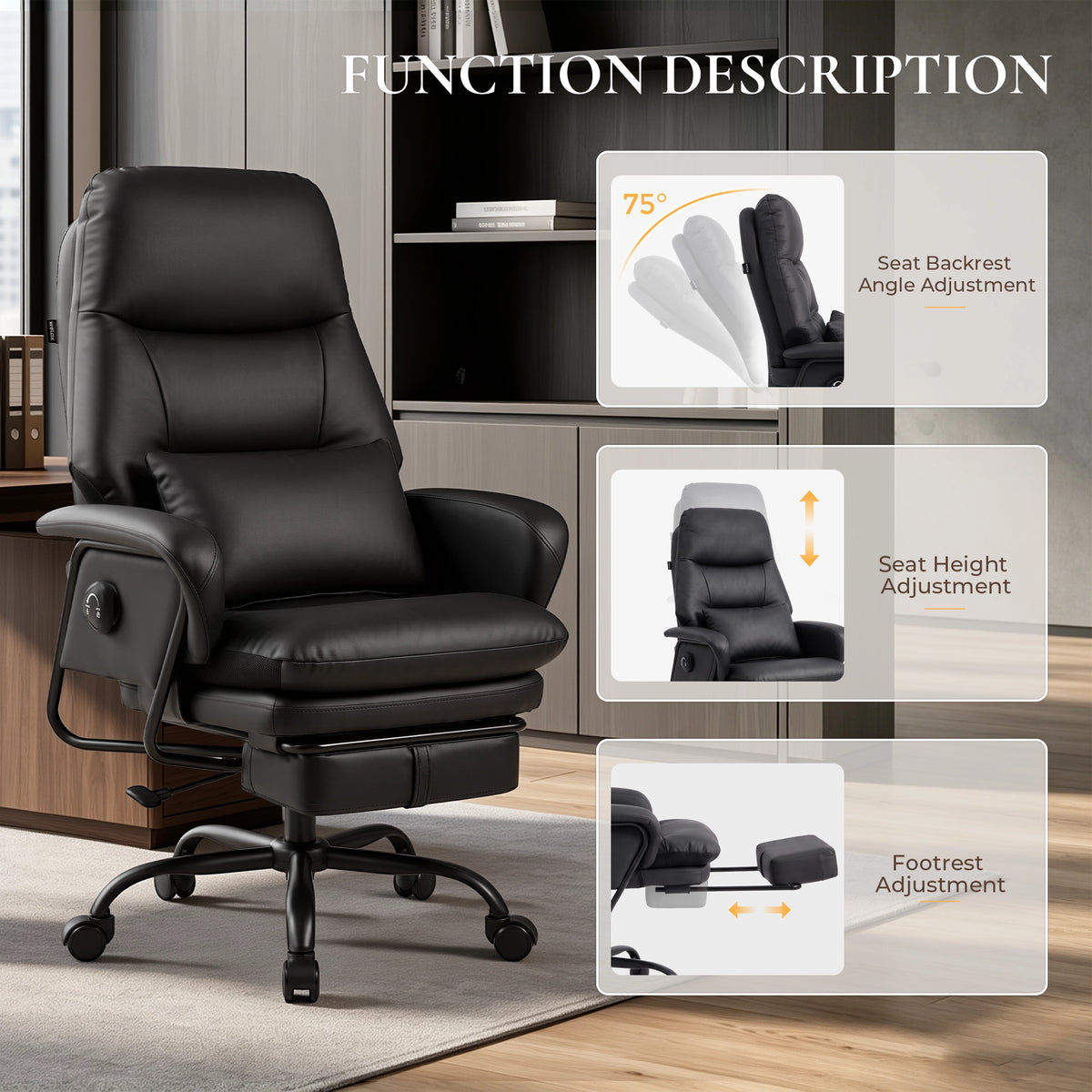 Fauteuil ergonomique en cuir noir, réglages hauteur du siège et inclinaison du dossier
