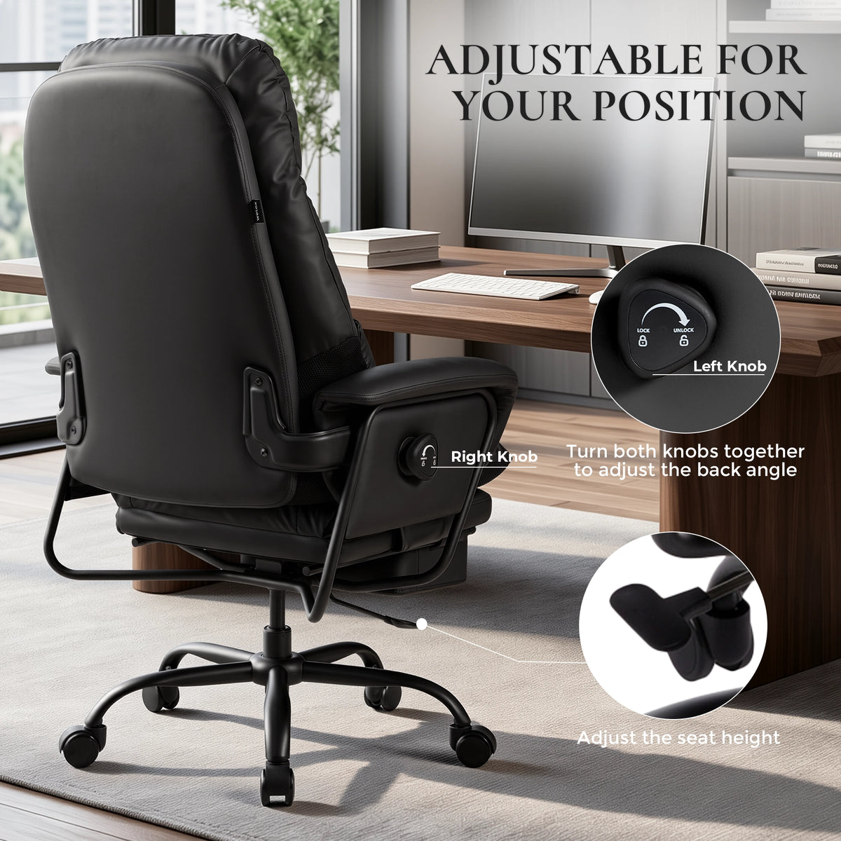 Fauteuil de bureau ergonomique en cuir noir, commande latérale pour régler l’inclinaison