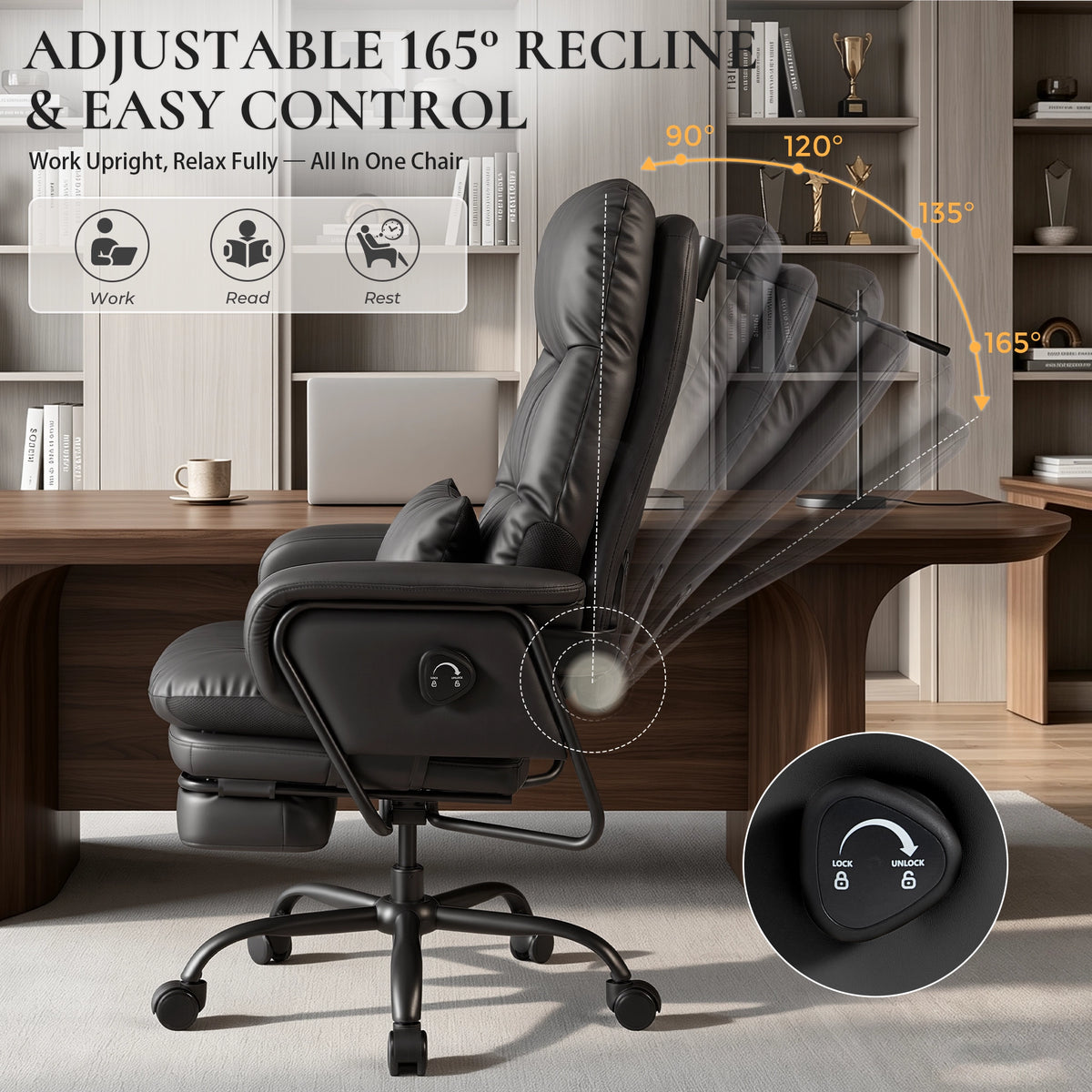 Fauteuil de bureau en cuir noir, dossier réglable jusqu’à une grande inclinaison