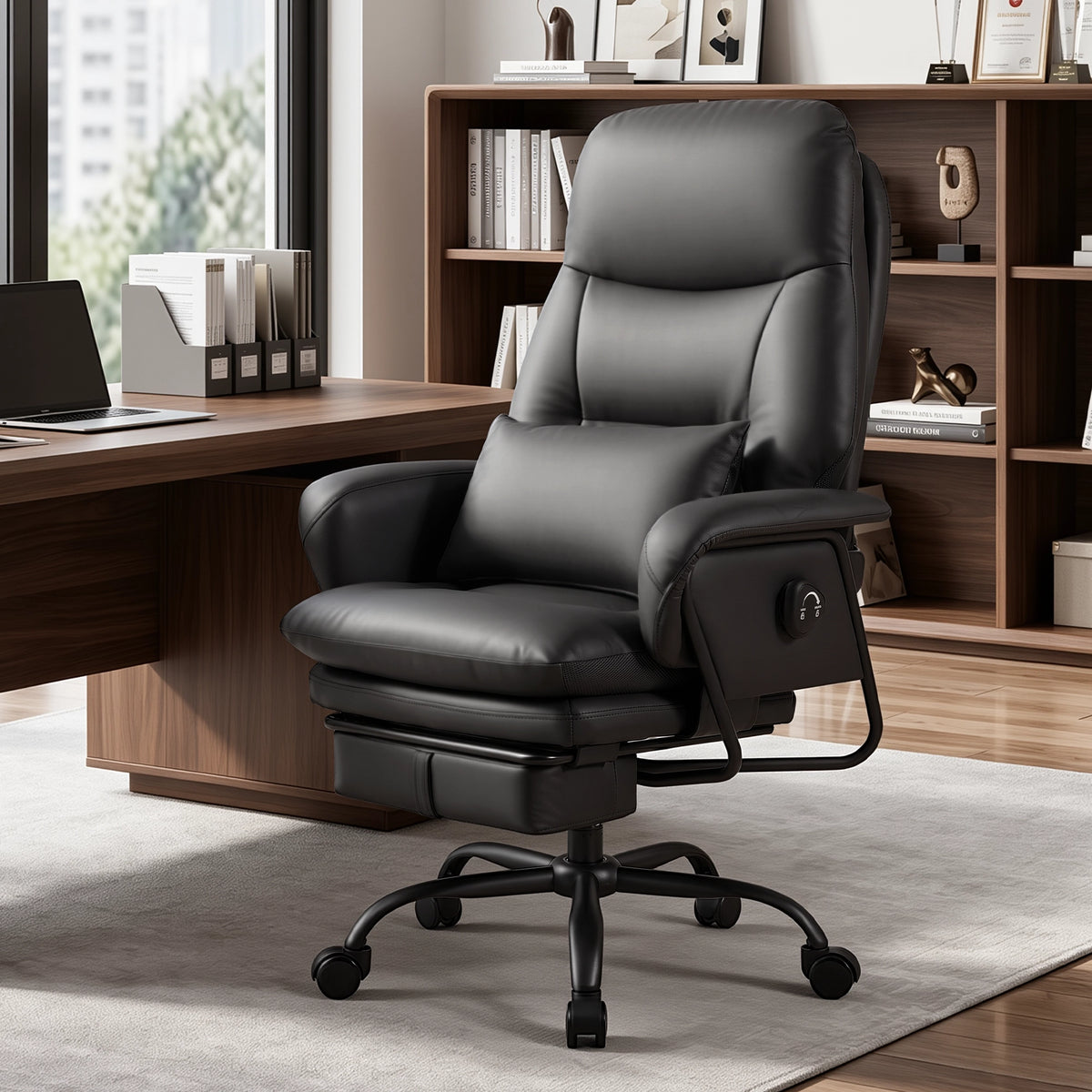 Fauteuil de bureau en cuir noir, vue trois-quarts, accoudoirs rembourrés et base à roulettes
