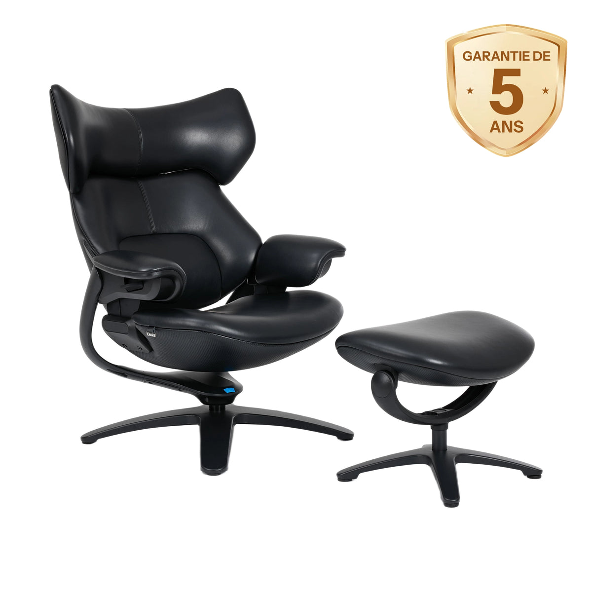Fauteuil de détente noir avec repose-pieds et badge « garantie 5 ans »