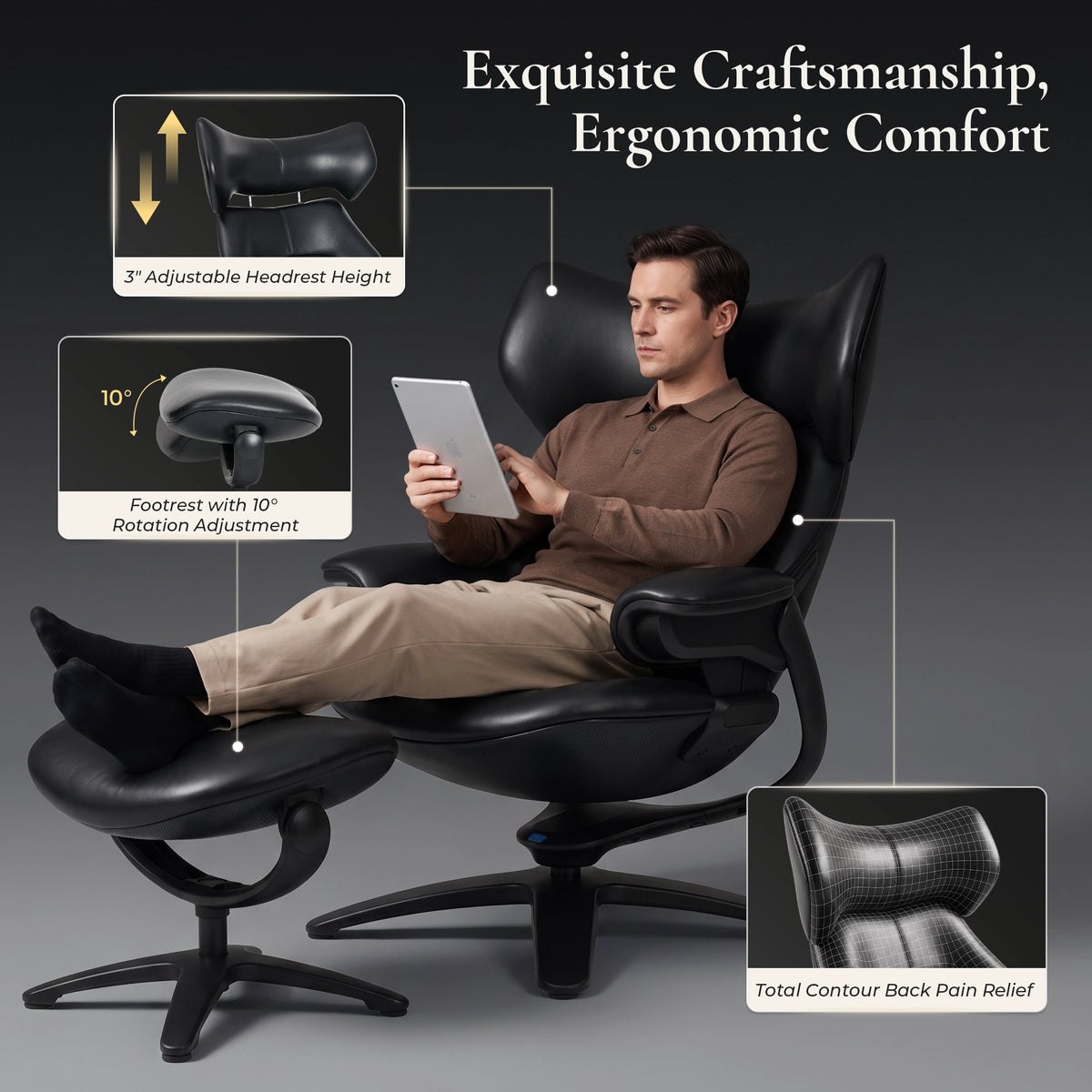 Fauteuil noir de détente avec repose-pieds et appui-tête réglable, repose au sol