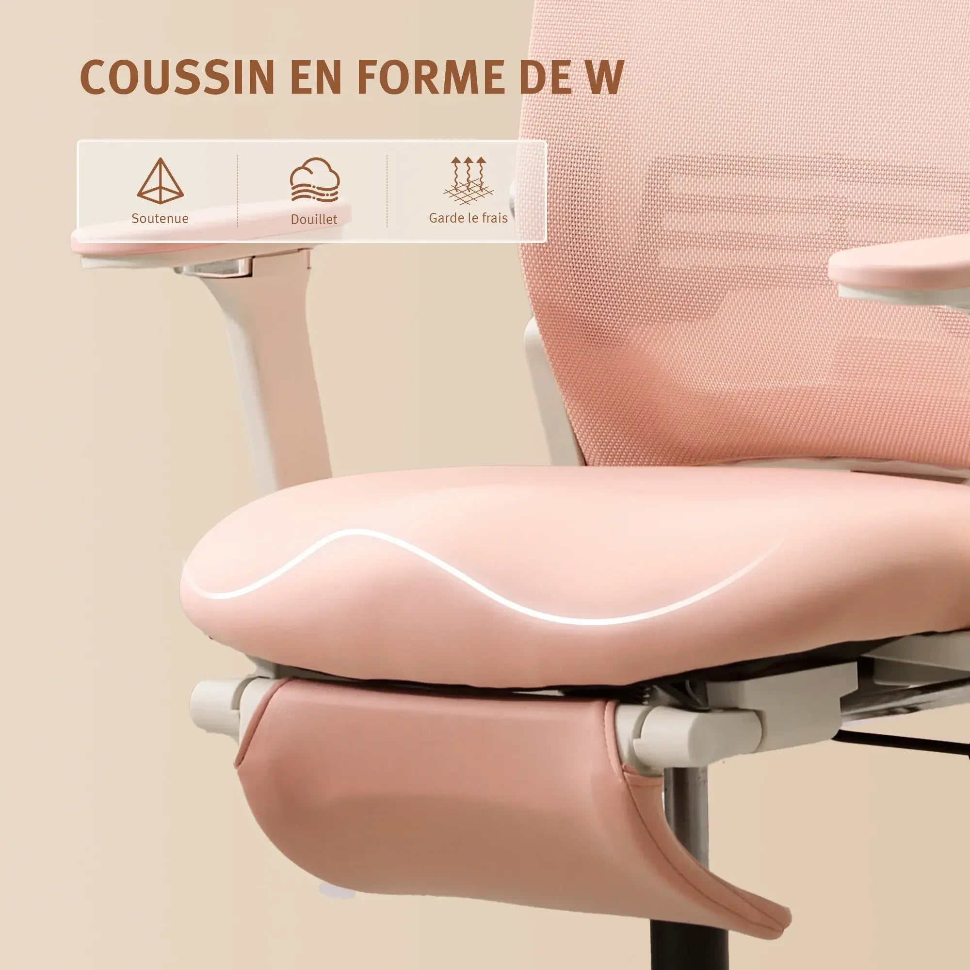 Coussin en forme de vague sur chaise de bureau rose avec appui-lombaires réglable.