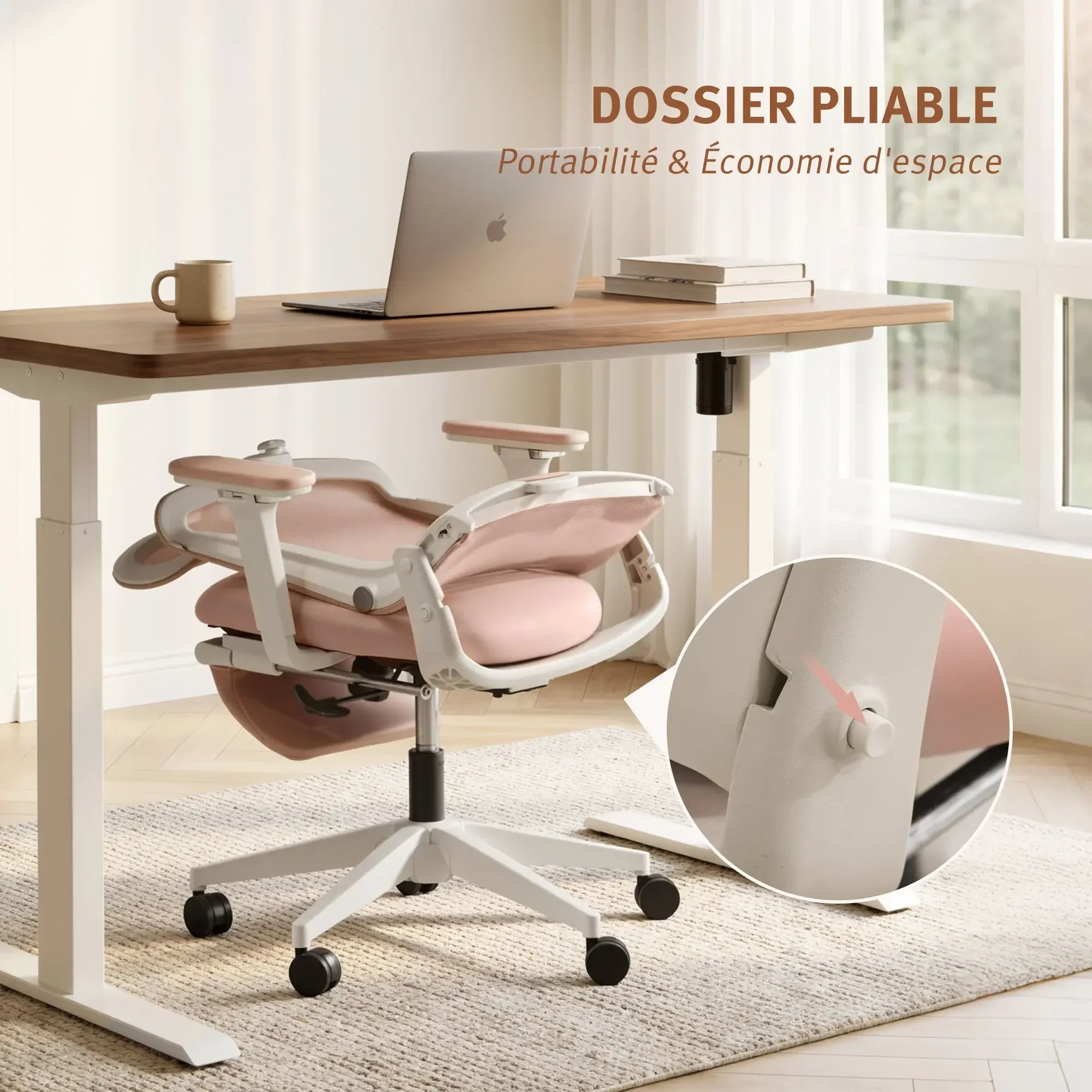 Chaise de bureau ergonomique avec dossier pliable, tissu rose, accoudoirs et base à roulettes.