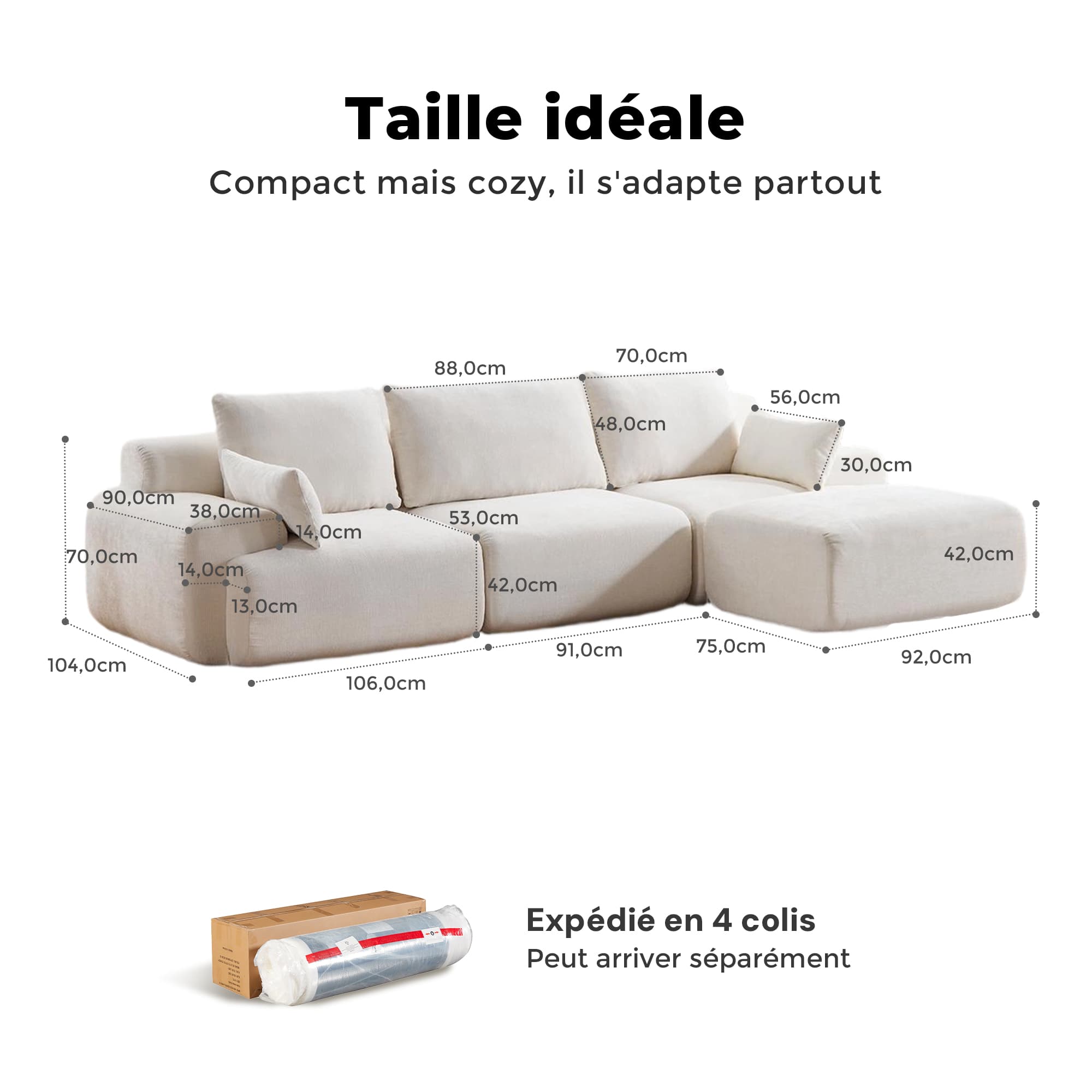 Canapé d’angle sectionnel beige, sans boutons, avec méridienne et pouf intégré
