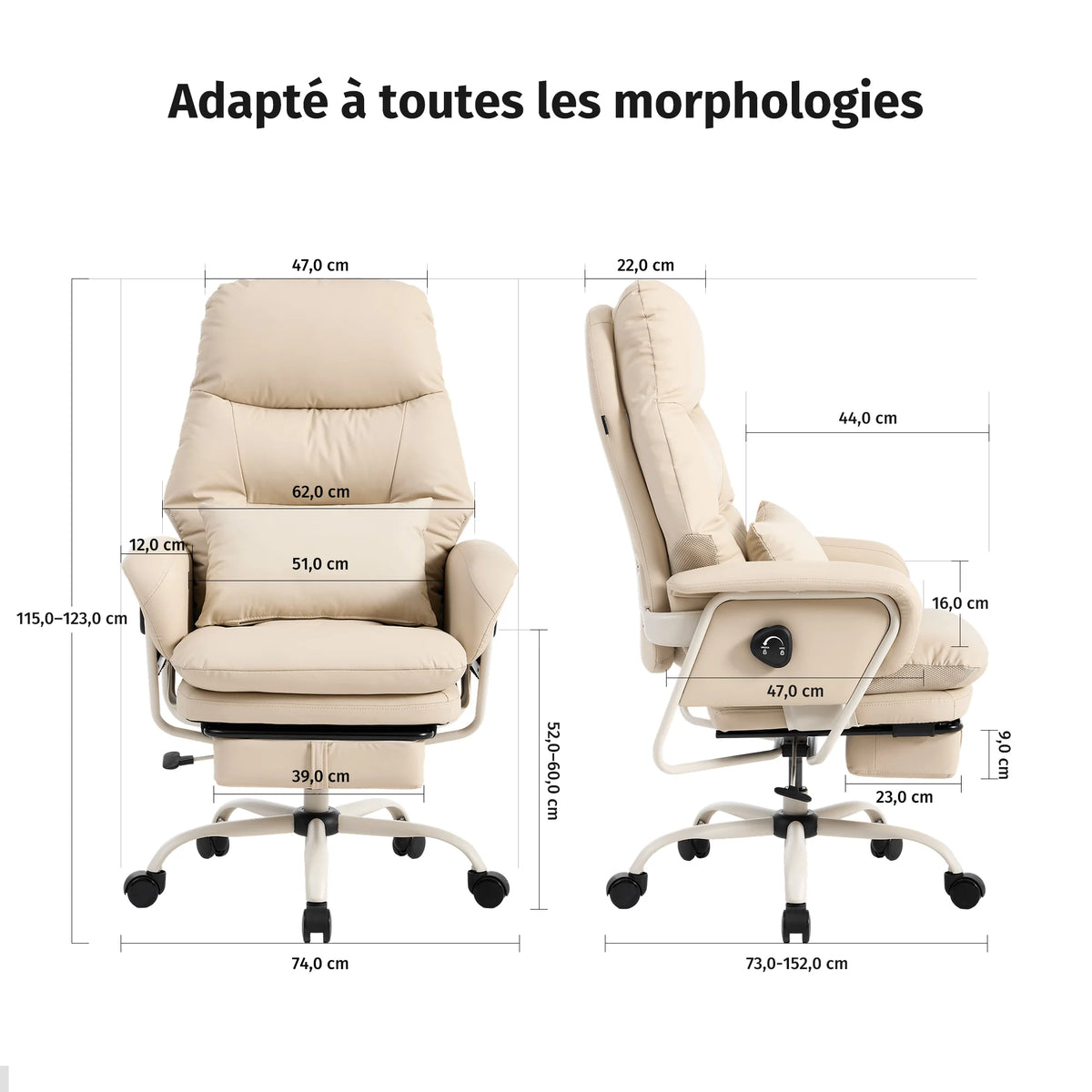 Fauteuil ergonomique en cuir beige, inclinaison profonde, repose-pieds et roulettes.
