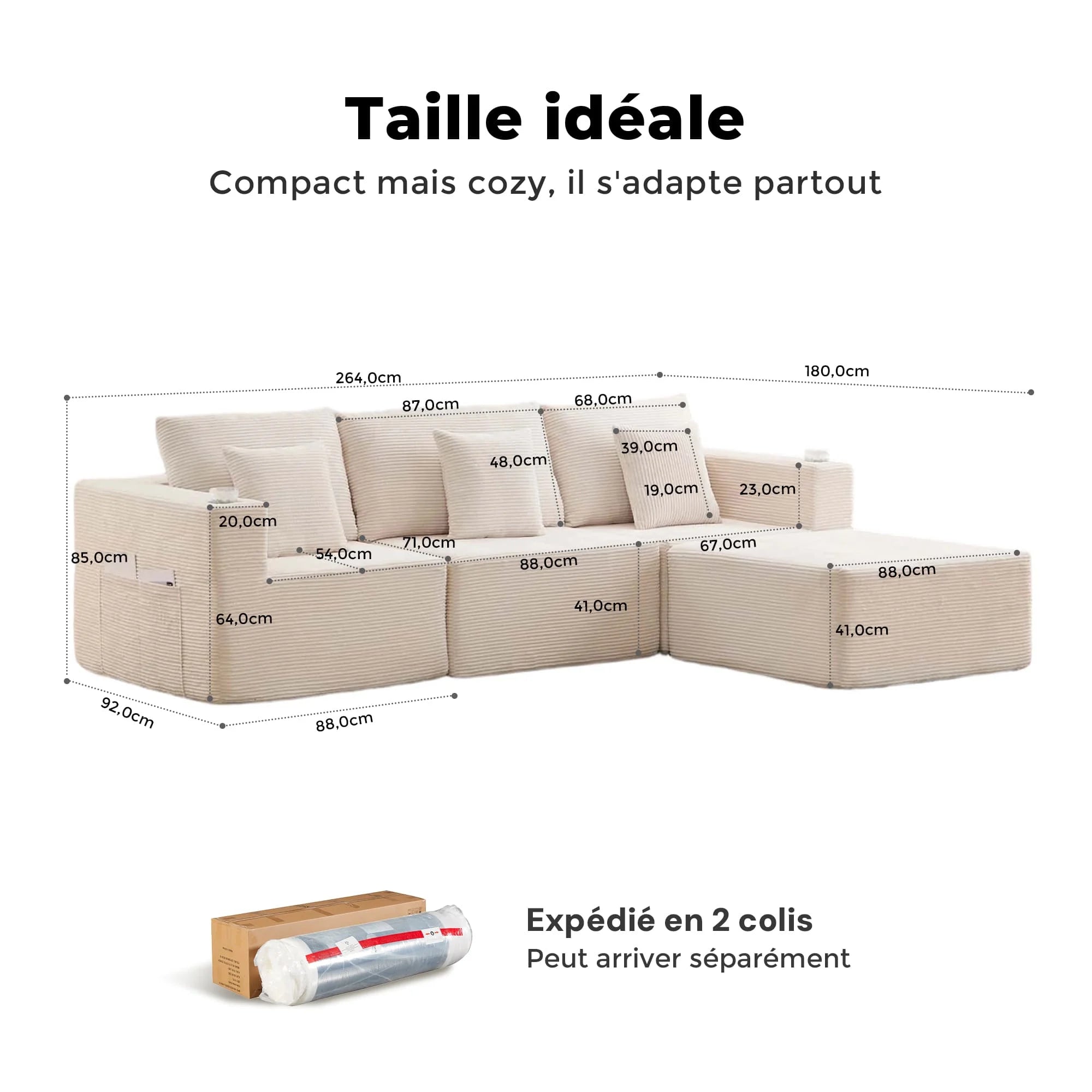Canapé modulaire en tissu côtelé blanc cassé, avec rangements et porte-gobelets intégrés