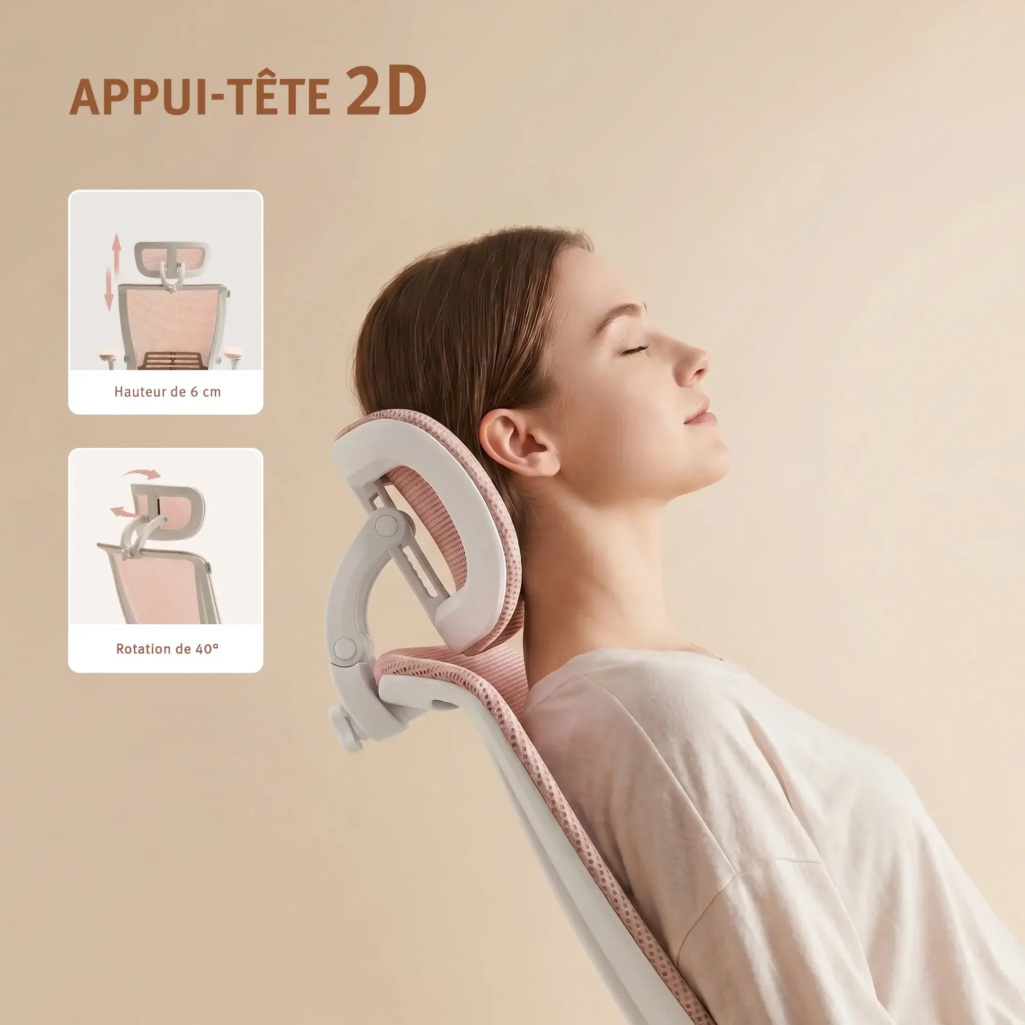 Appui-tête pour chaise de bureau ergonomique, tissu beige, cadre gris et têtière 2D.