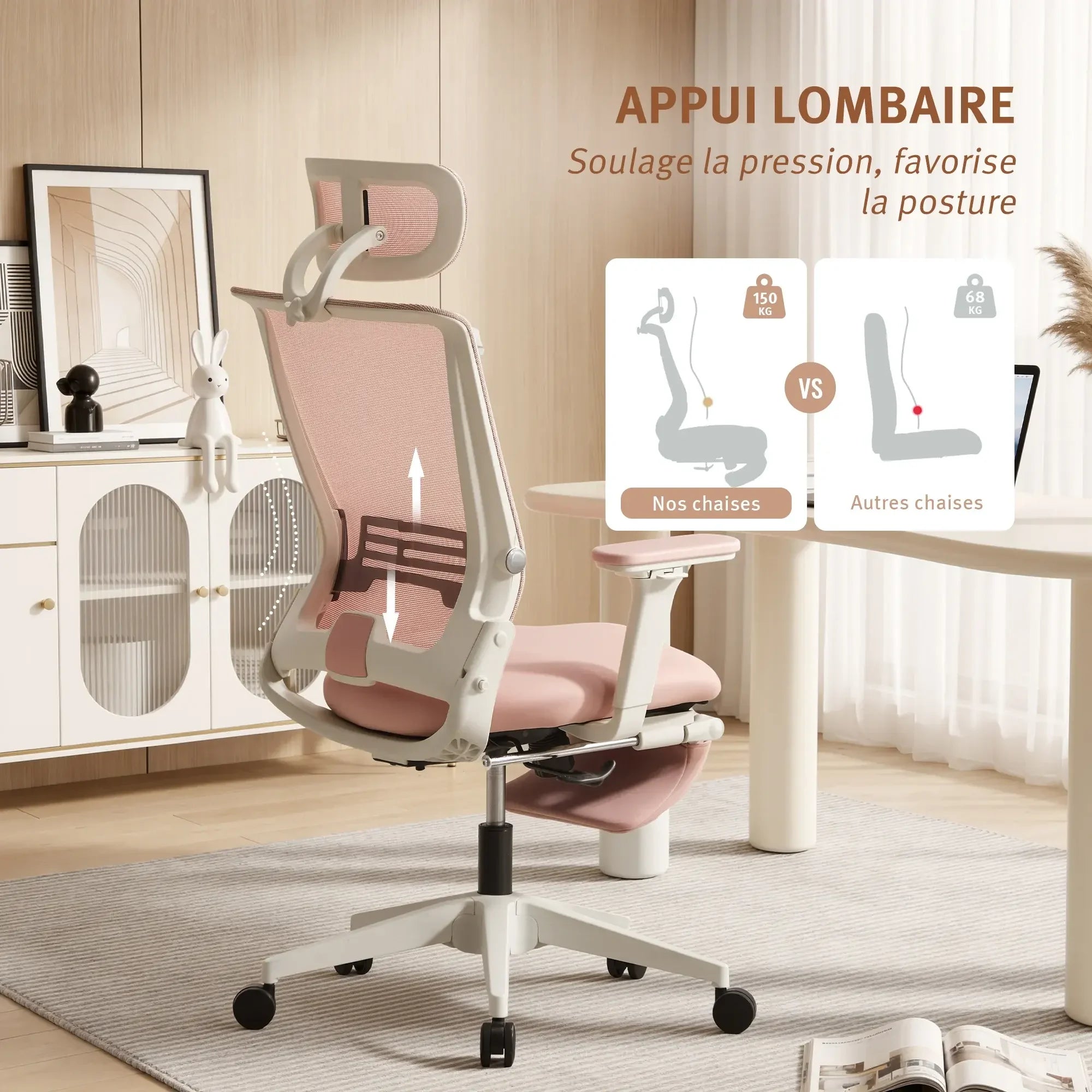 Chaise de bureau ergonomique rose avec appui lombaire, accoudoirs et base à roulettes.