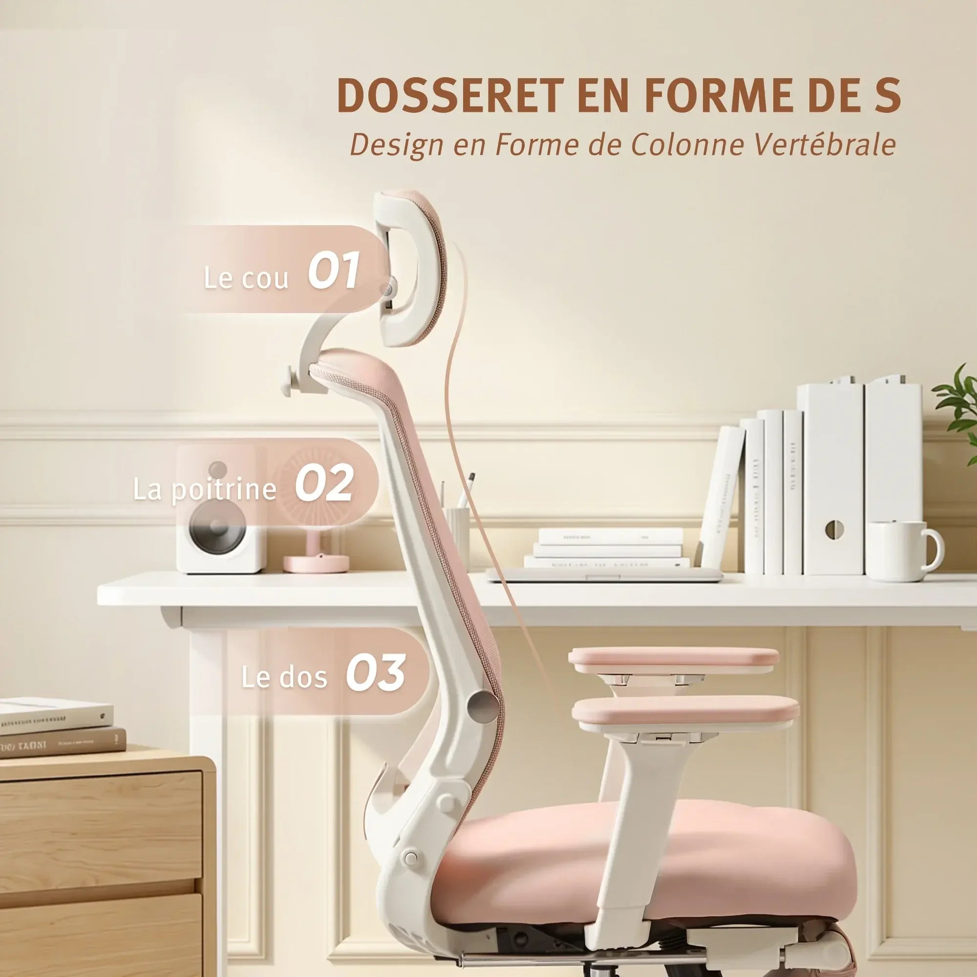 Chaise de bureau ergonomique rose avec dossier en forme de S et appui-tête.