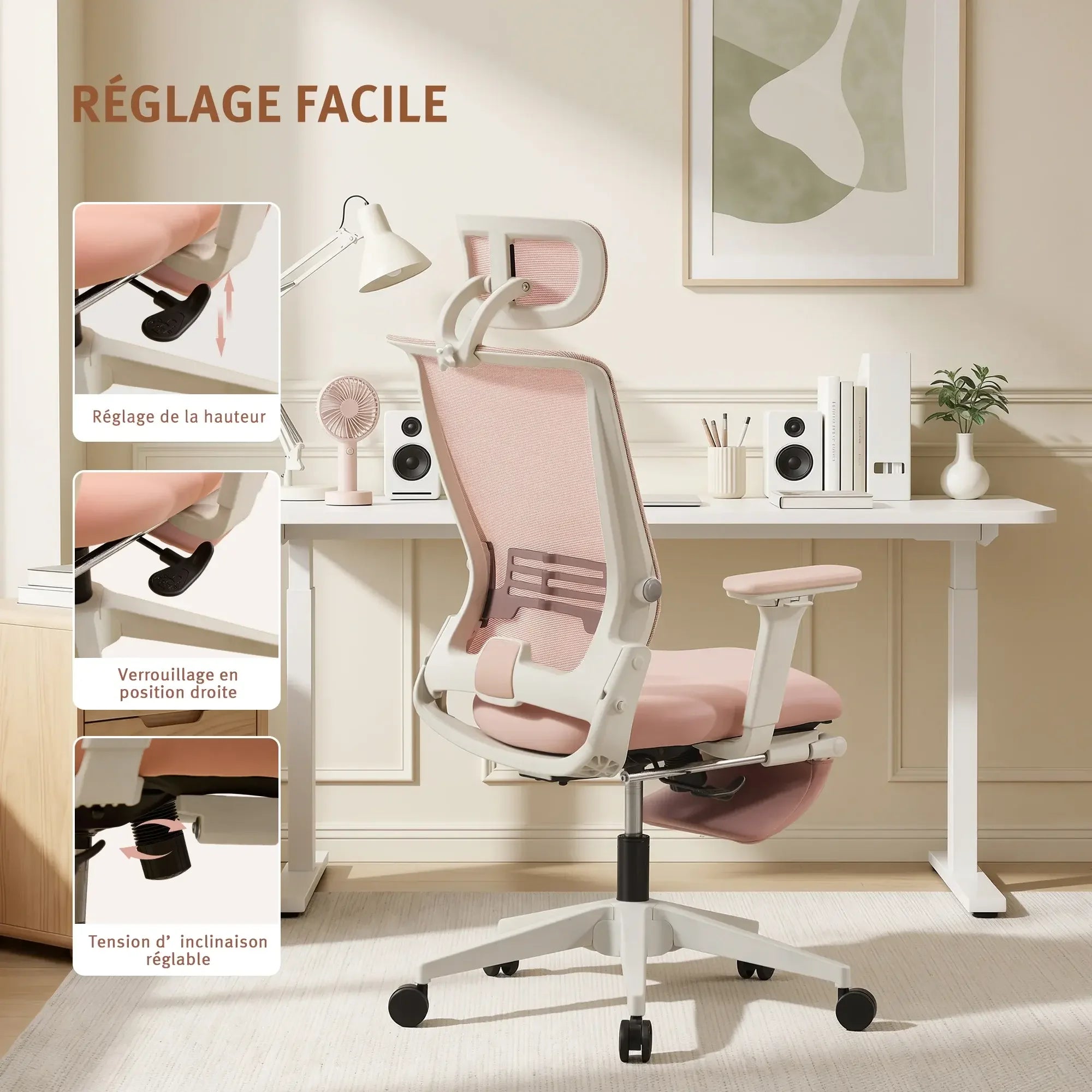Chaise de bureau ergonomique rose avec dossier et appui lombaire, accoudoirs, base roulante.
