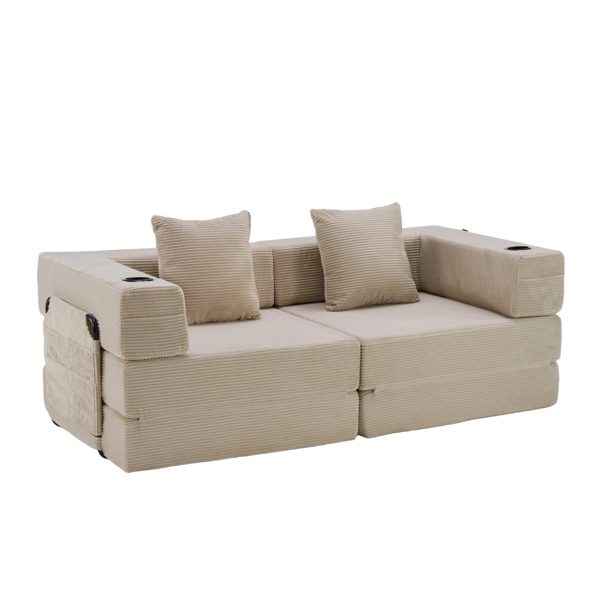 Canapé modulable compressé beige clair en forme de L, coussins et accoudoirs rembourrés.