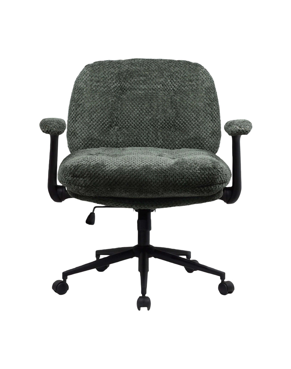 Chaise de bureau verte foncée, assise rembourrée épaisse, dossier arrondi et base à roulettes.