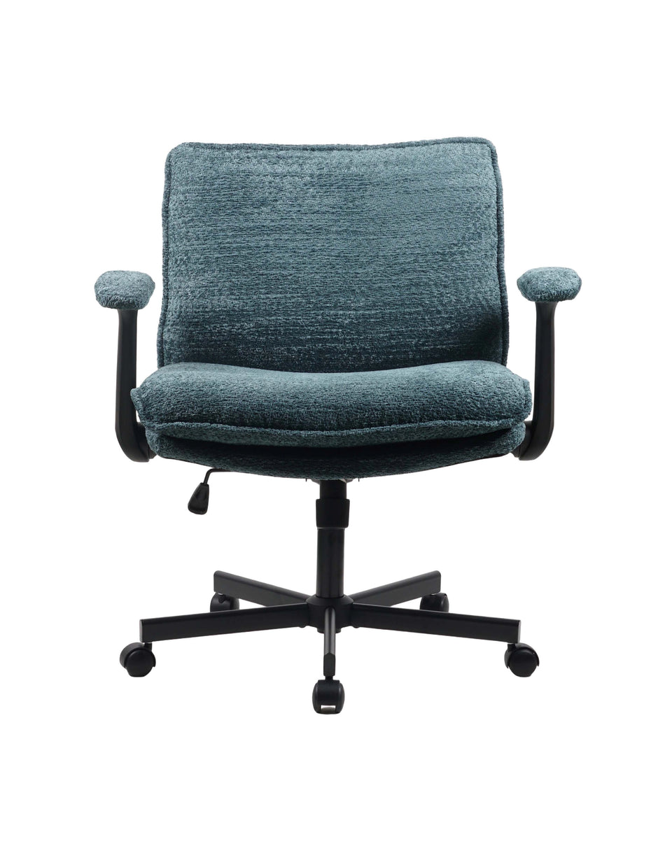Chaise croisée en chenille vert foncé, dossier haut et accoudoirs rembourrés.