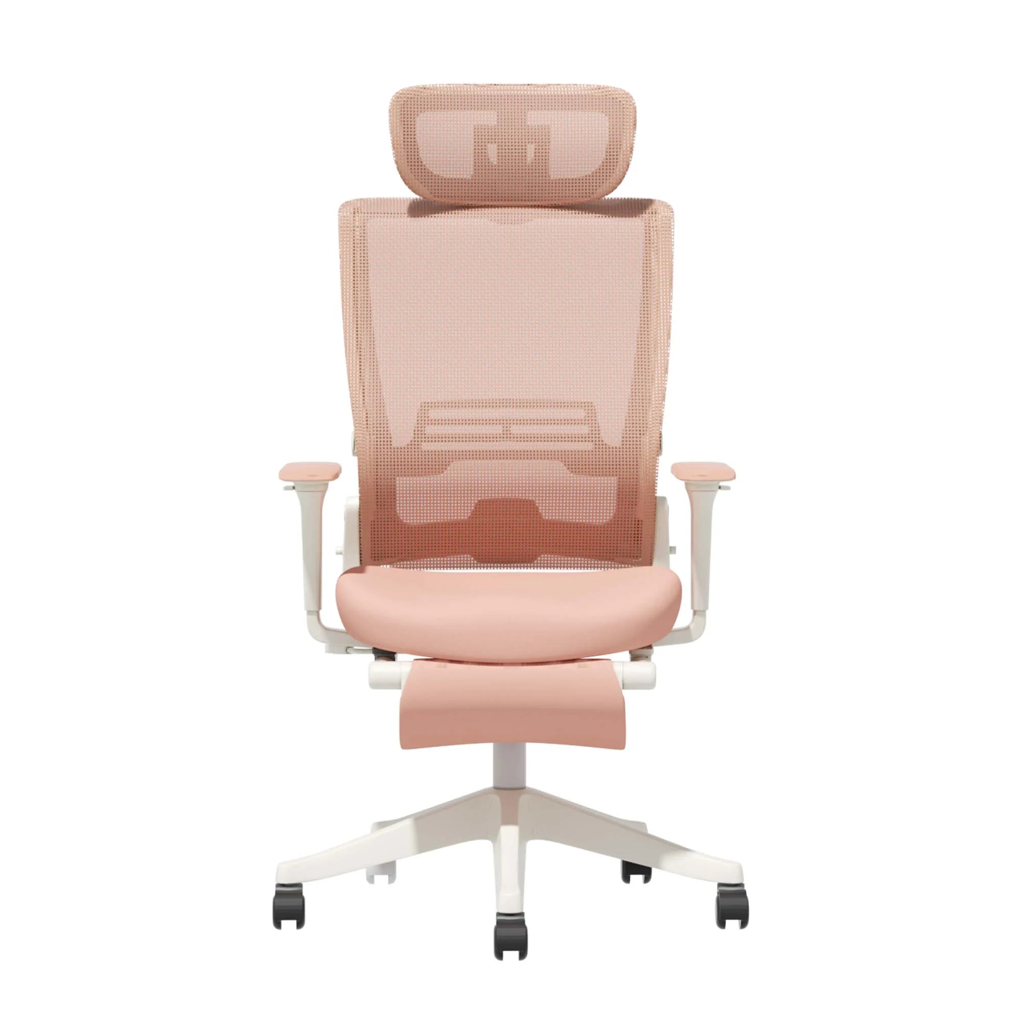 Chaise de bureau ergonomique rose, dossier ajouré, assise rembourrée et repose-pieds